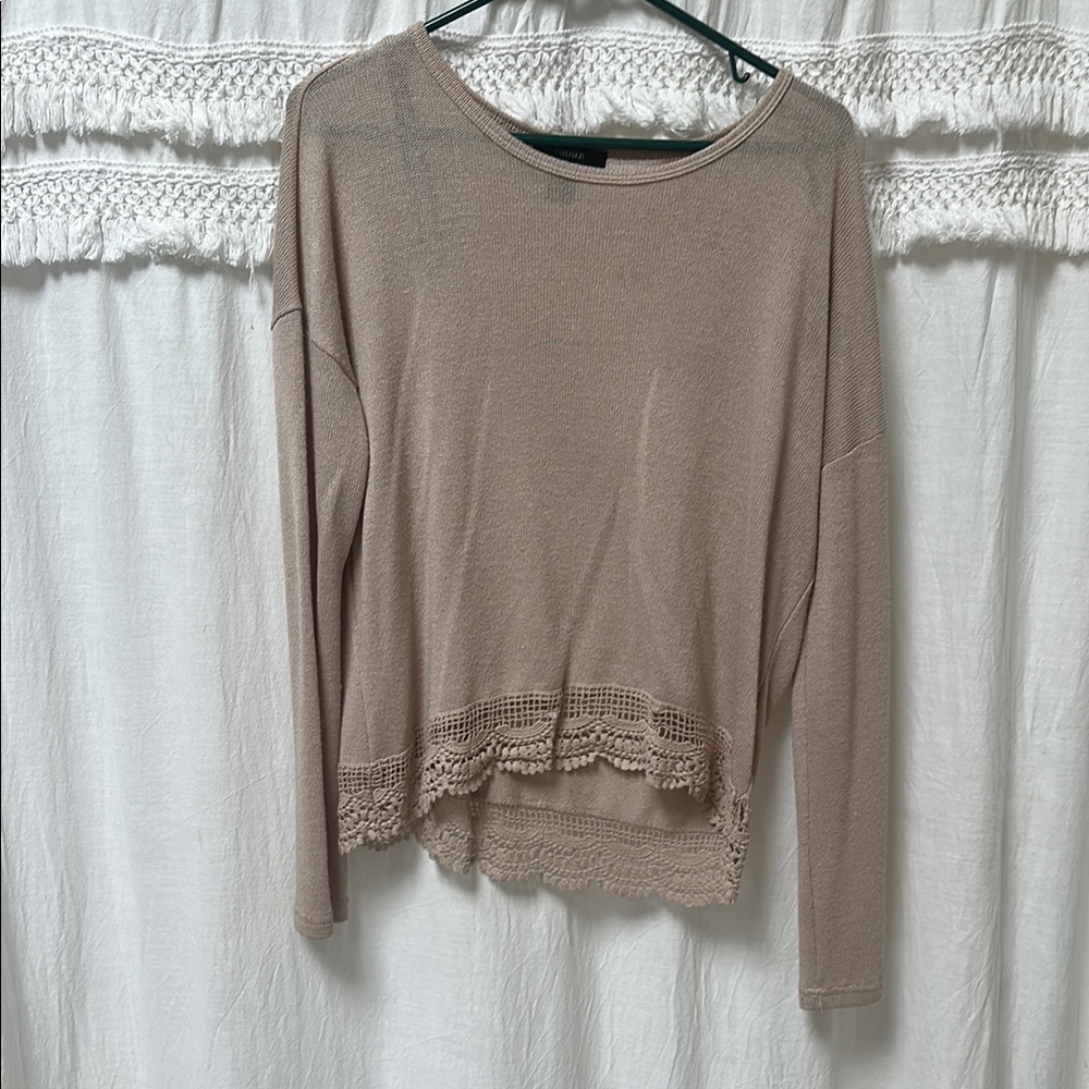 Elegant Tan Lace Hem Women's Top